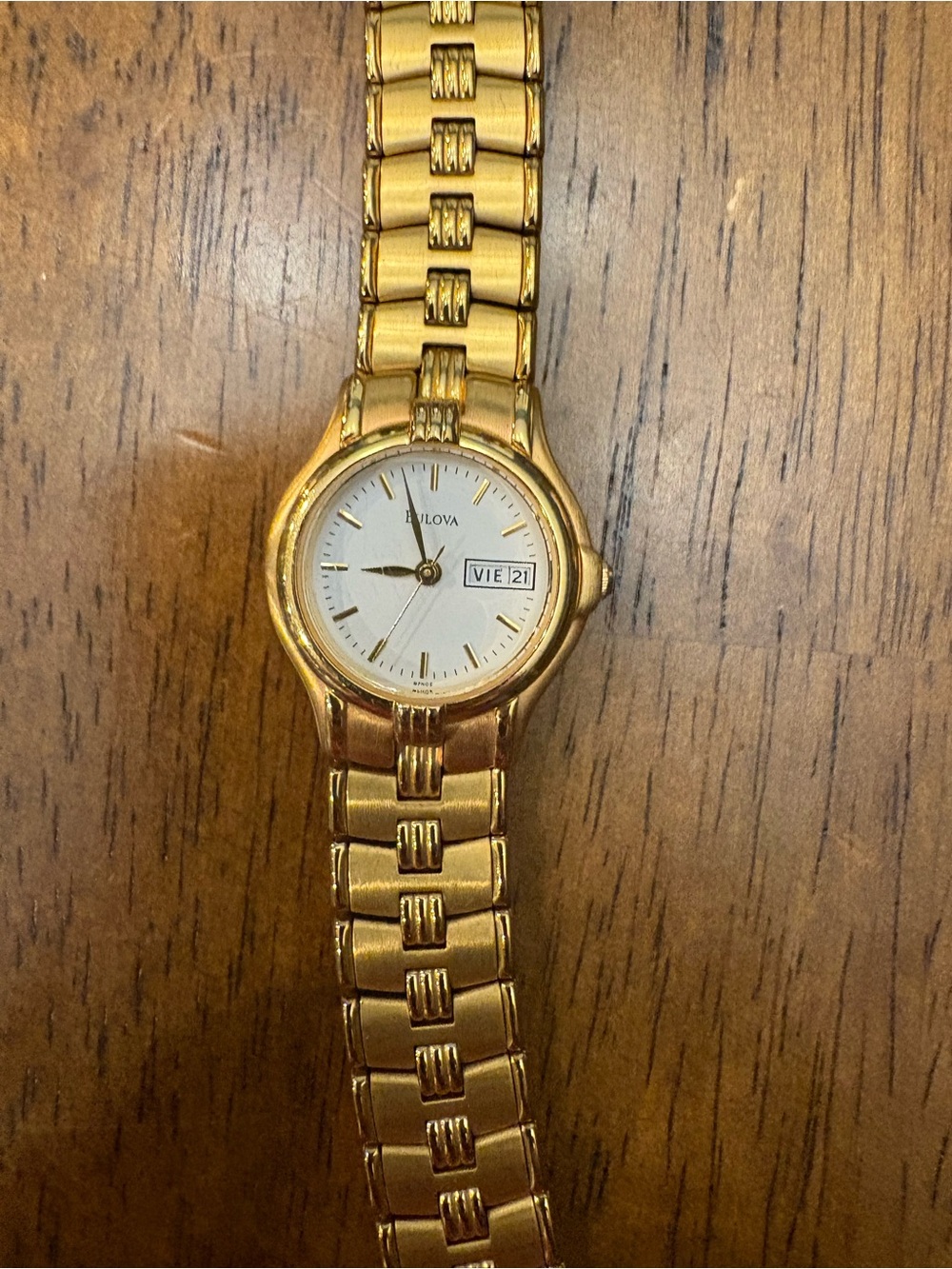 VTG Bulova Gold and White Women's Dress Watch with Day-Date